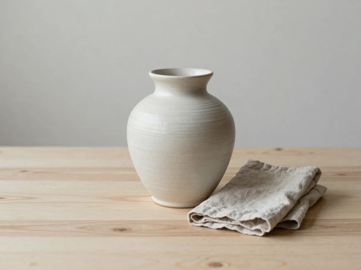 Muted editorial product photograph of a considered ceramic vessel and a folded linen cloth on a pale oak surface, soft d