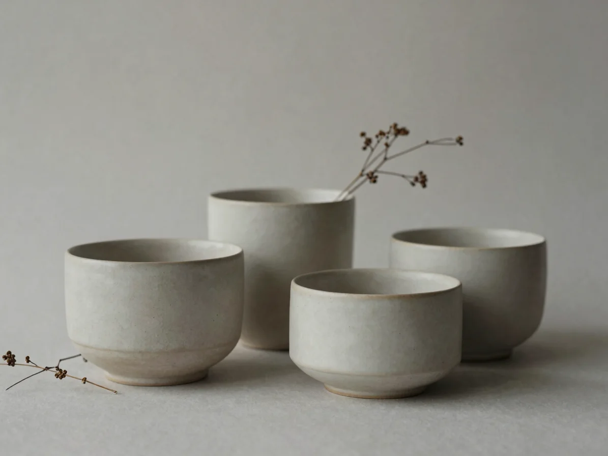 Muted editorial product photograph of a neatly arranged pair of matte ceramic objects with a sprig of dried botanical, q