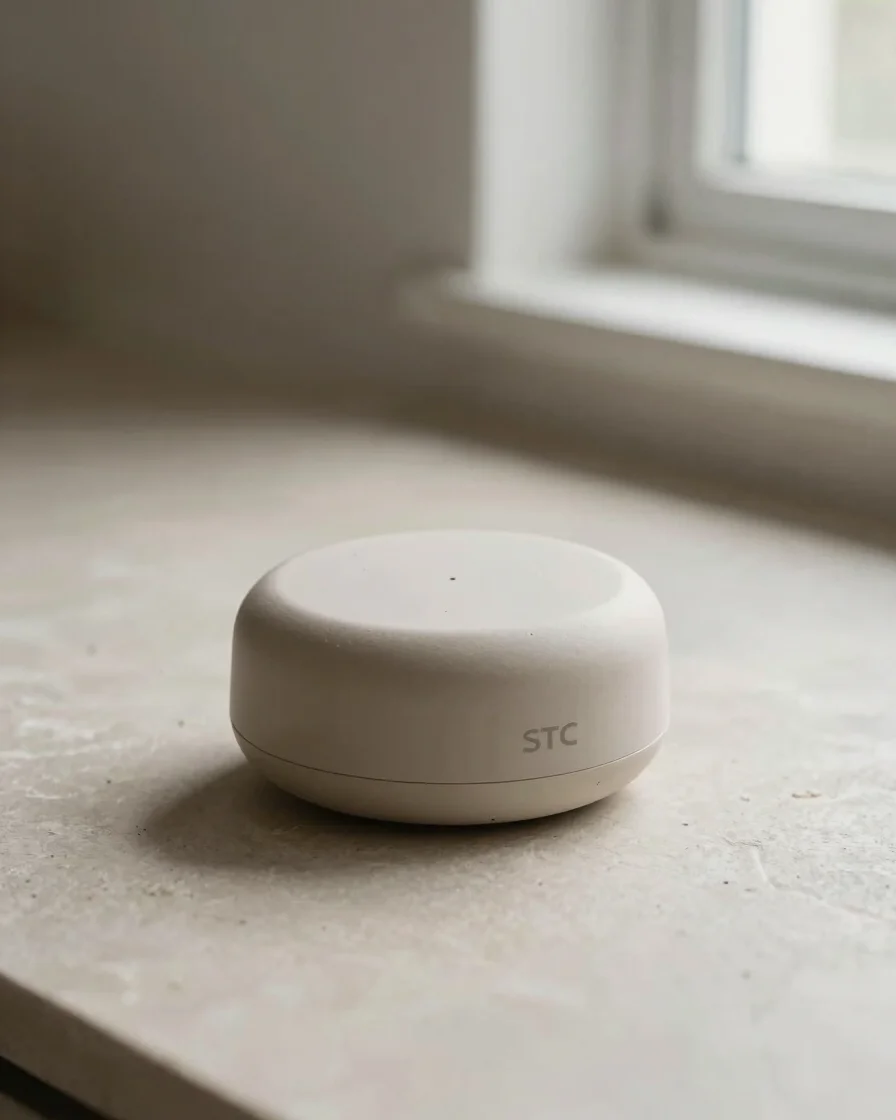 Close product photograph of a single STC object on a pale stone s