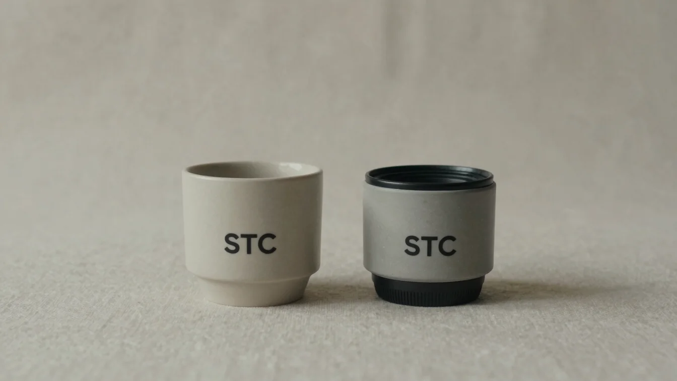 Muted editorial product photograph of two STC objects side by side on a neutral linen surface, soft diffused daylight, q