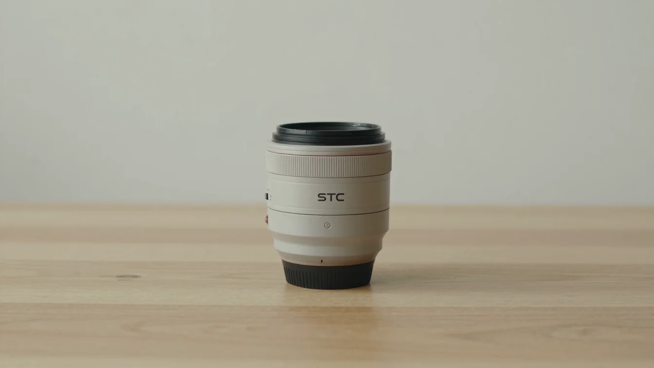 Muted editorial product photograph of an STC object placed quietly on a pale oak table, soft diffused studio daylight, t