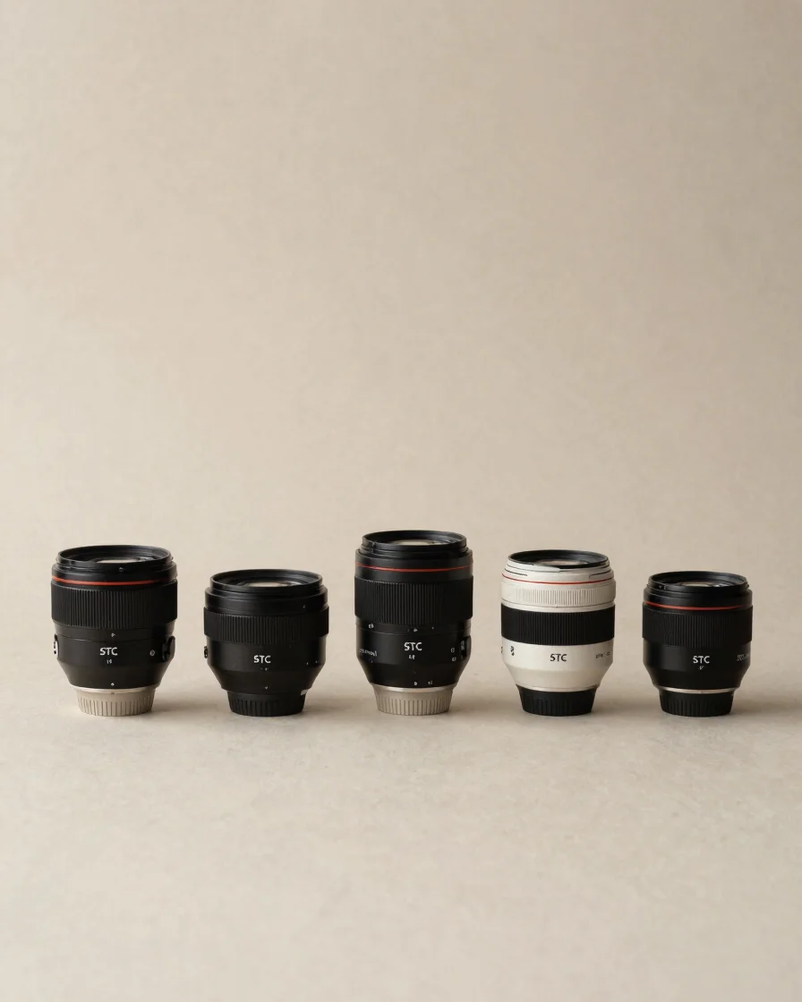 Wider editorial product photograph of several STC objects arranged with generous negative space on a warm neutral surfac